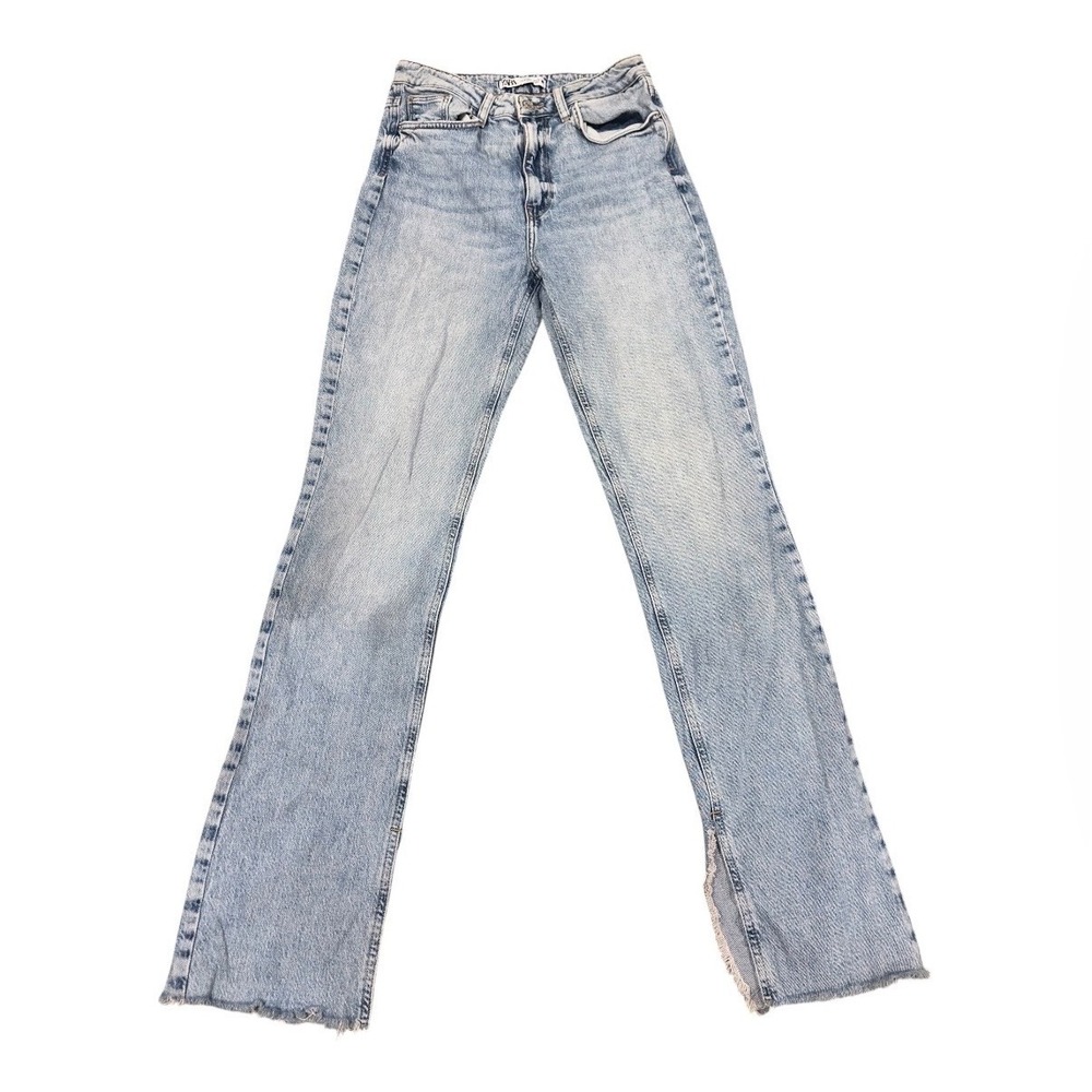 Zara Womens High Rise Straight‎ Leg Jeans Light Wash Side Slit Raw Hem Size 4